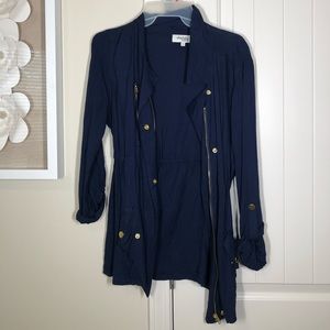 navy blue lightweight jacket with gold accents